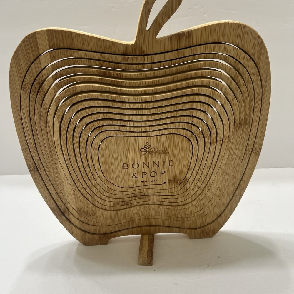 Vintage Spiral Cut Collapsible Wooden Basket On Tray Apple Shape Handle Stem - Picture 3 of 7